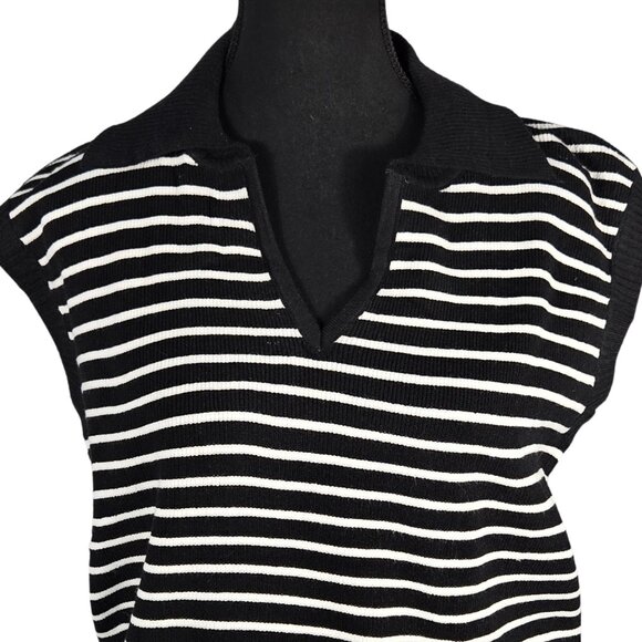 NWOT | Black & White Striped Knit V-Neck Collared Sweater Vest | Small - Picture 3 of 6